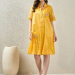 Women Floral Embroidered Cotton Shirt Collar Shirt Dress