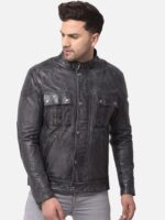 Men Black Leather Water Resistant Longline Bomber with Patchwork Jacket