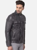 Men Black Leather Water Resistant Longline Bomber with Patchwork Jacket - Image 2