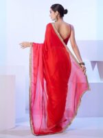 ODETTE Odette Mustard And Pink Satin Lace Work Saree With Unstitched Blouse For Women - Image 2